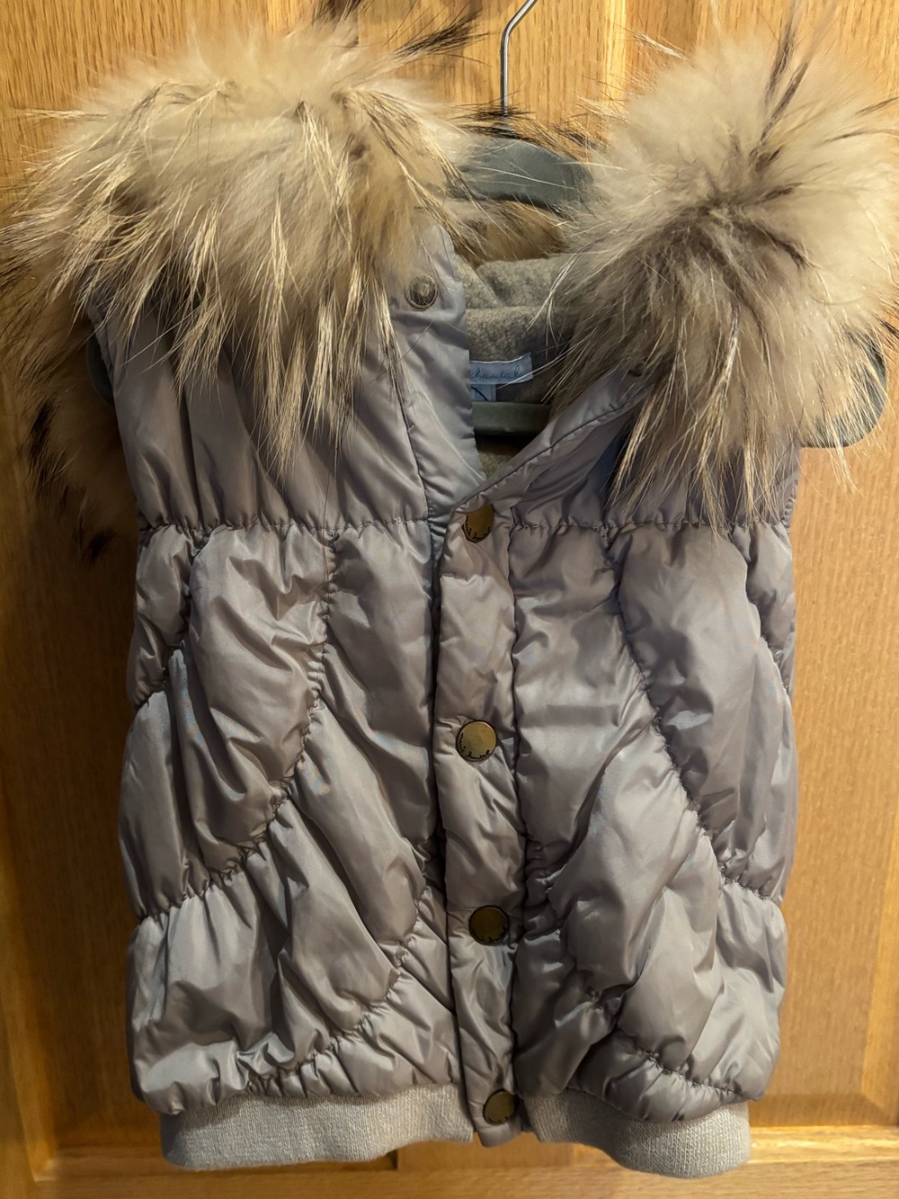 Marie Chantal Puffer Vest with Racoon Fur Hood - Taupe